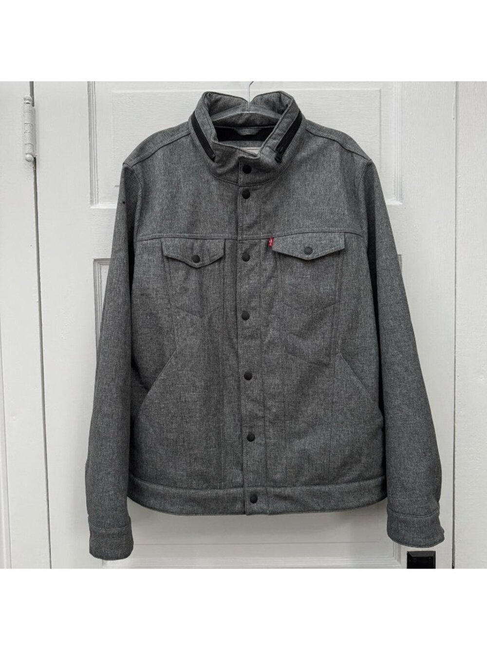 Levi’s Gray Hooded Trucker Jacket L Snap Front Fleece Lined Hidden Hood FLAW